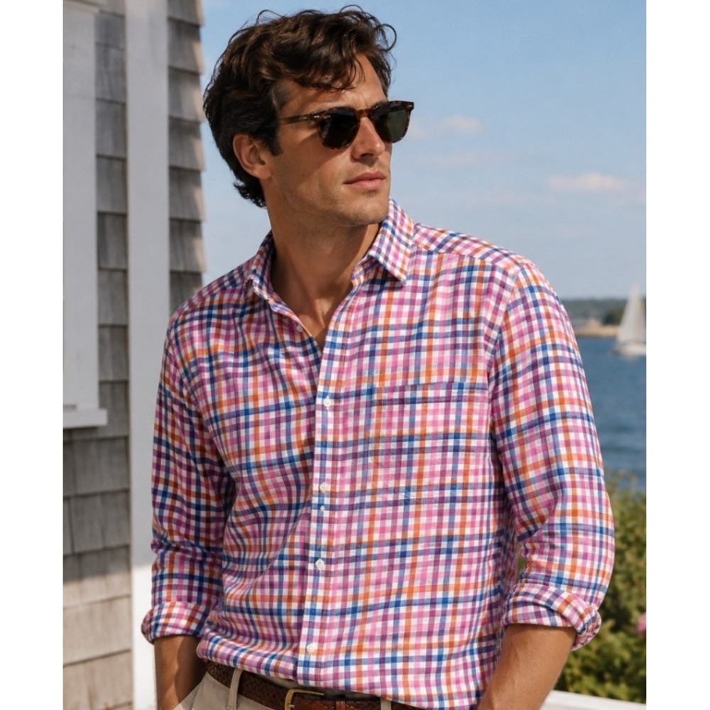 Alan Paine England sz LG 100% Linen‎ Plaid Long Sleeve Excellent !
